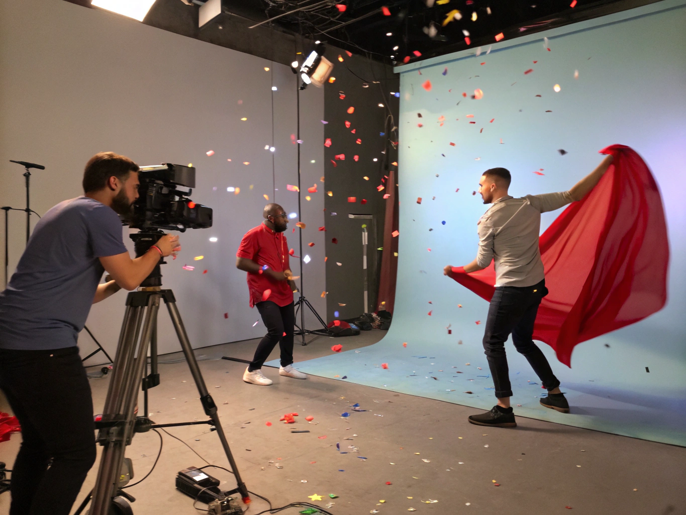 Candid scene with metallic shards, red fabrics, colorful confetti, and urban nightscape backdrop.