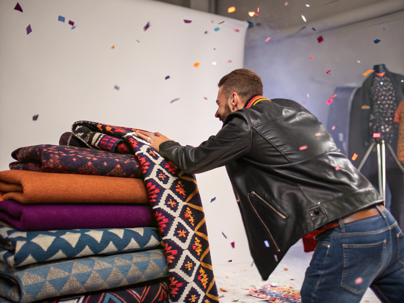 Close-up of textured fabrics, bold patterns, floating confetti, capturing 80s men's fashion energy.