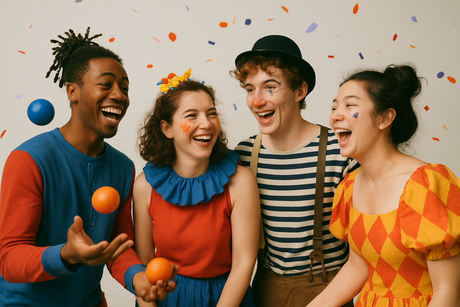 Lively diverse silhouettes in whimsical circus costumes with confetti, celebrating family costume planning.