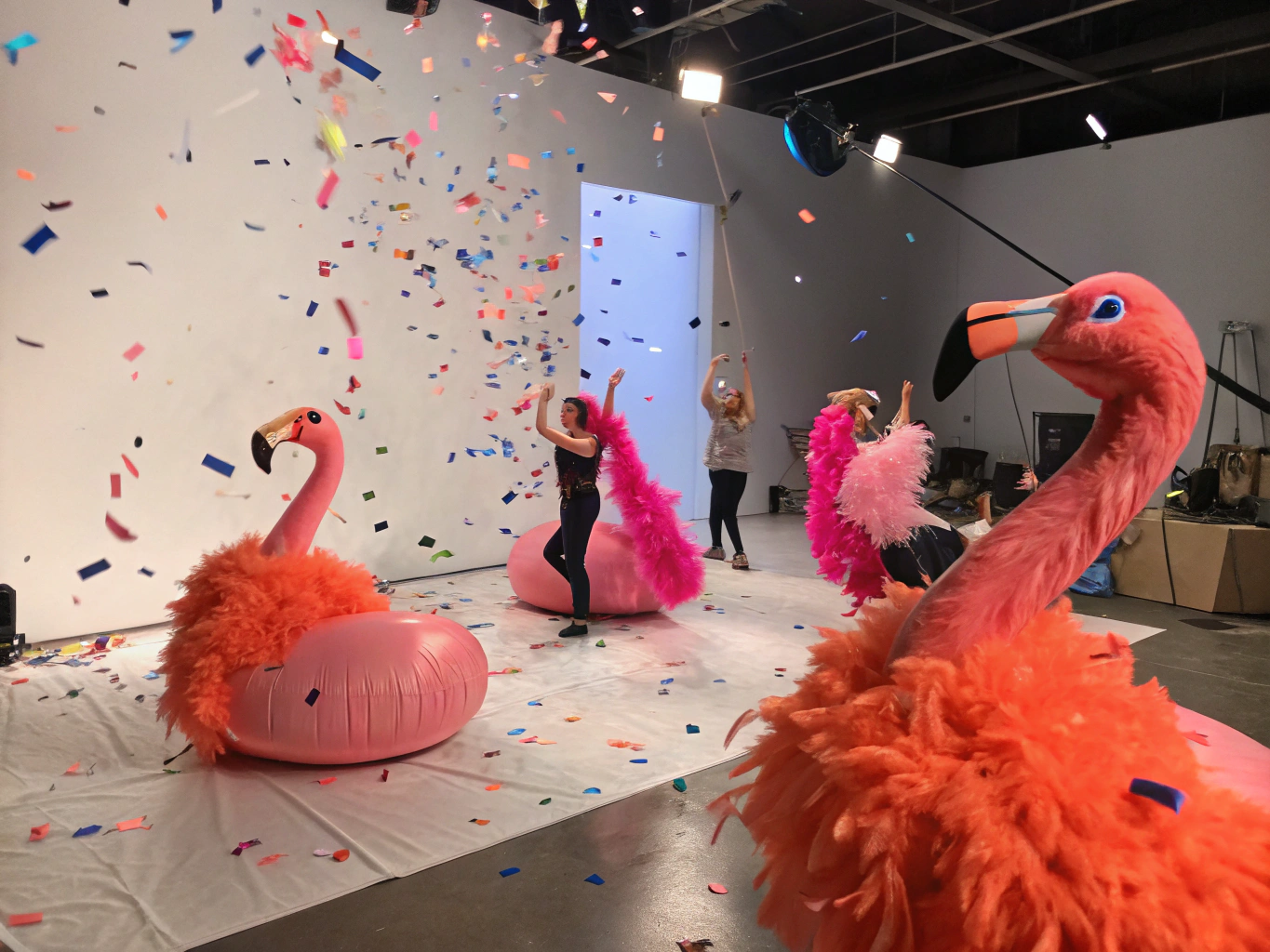 Playful scene with coral pink feathers, confetti, and inflatable flamingo costumes at summer festival.