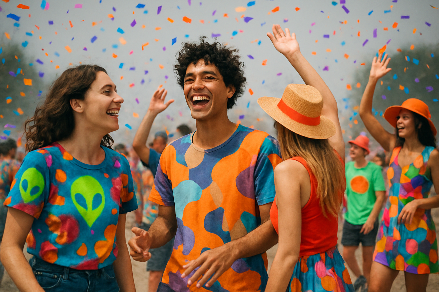 Vibrant festival crowd with colorful confetti, swirling abstract shapes, and glowing neon accents