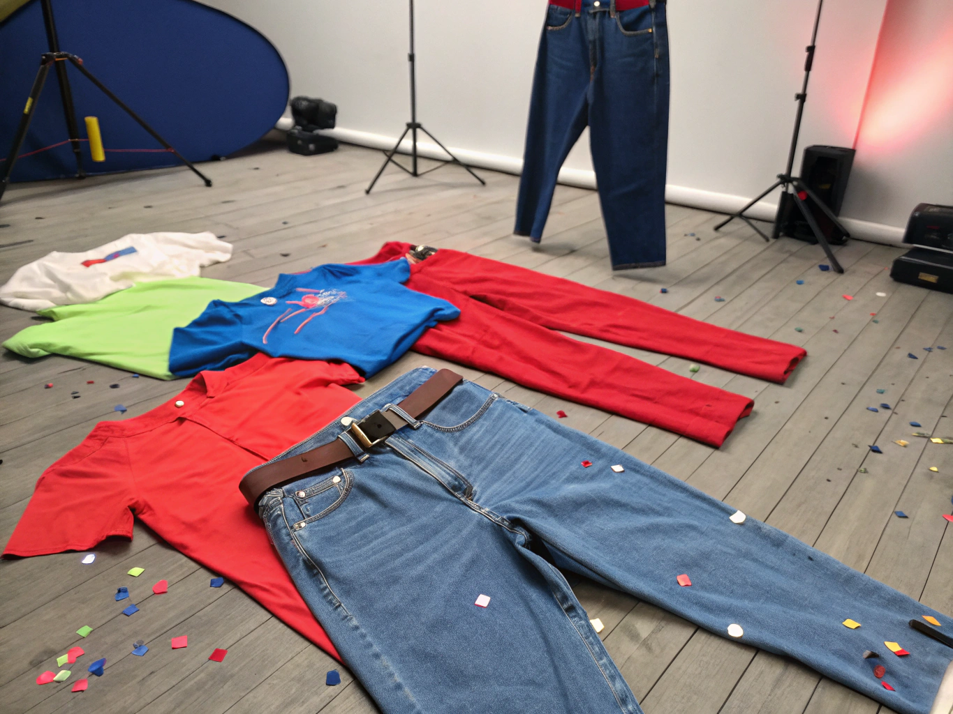 Vibrant high-waisted trousers, denim, fabric swatches, confetti, and layered 80s men's party fashion.