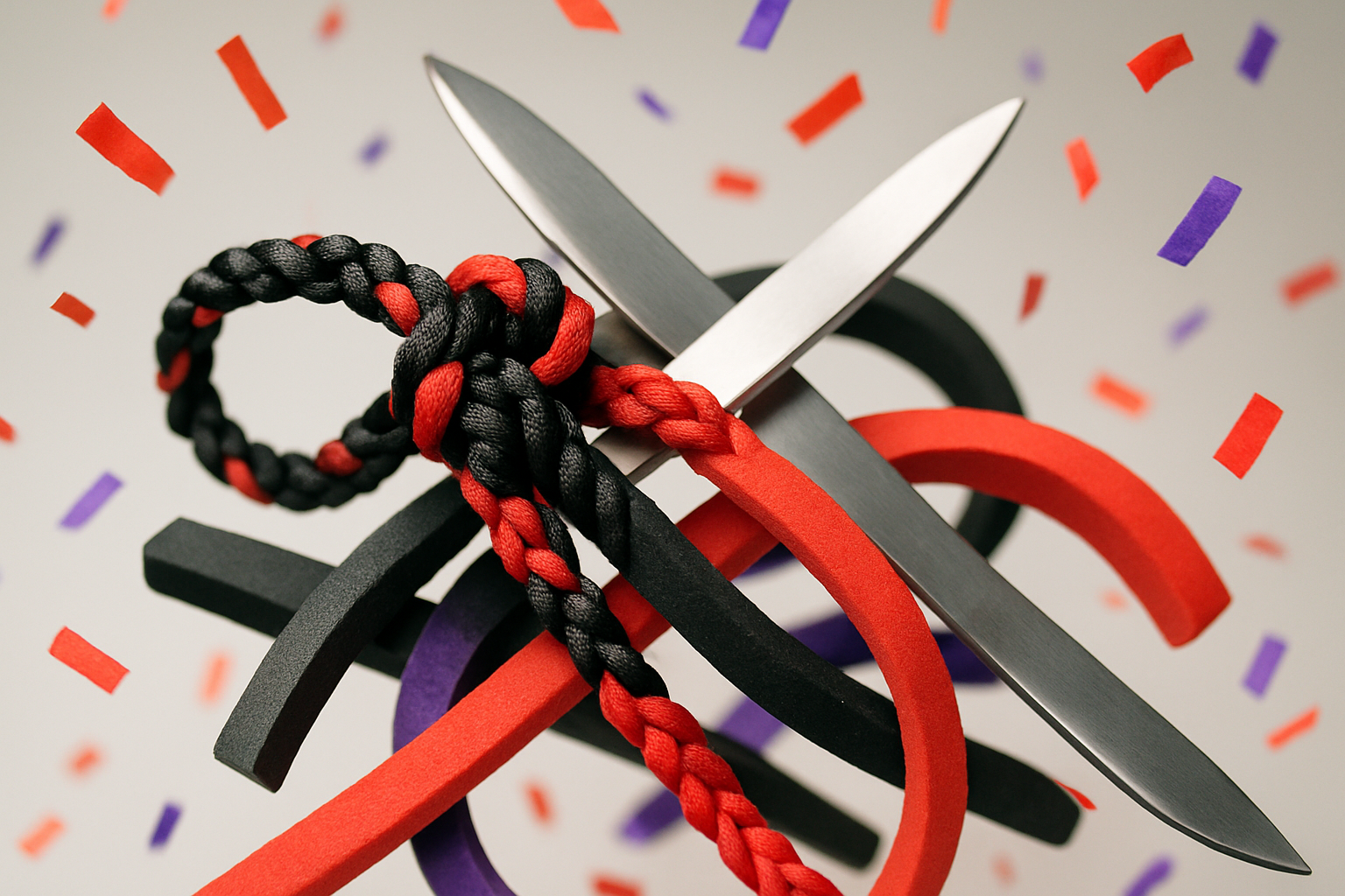 Abstract arrangement of black and red silk cords, foam strips, blades, confetti, and blurred gradient background.