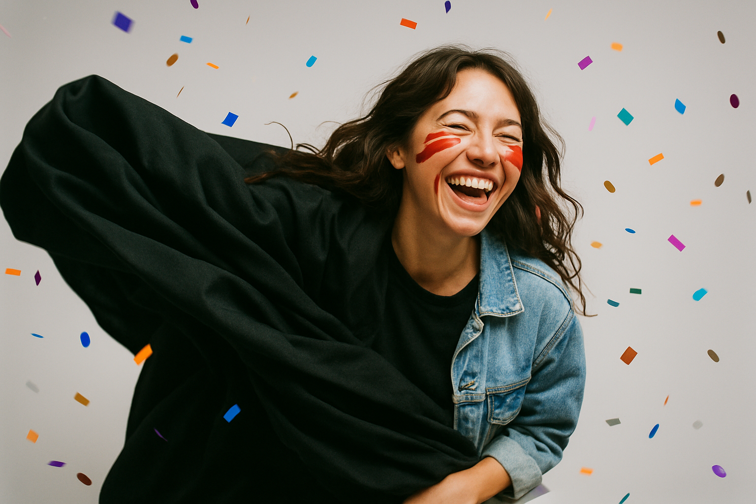 Playful dance scene with flowing black fabric, red face paint, and colorful confetti bursts.