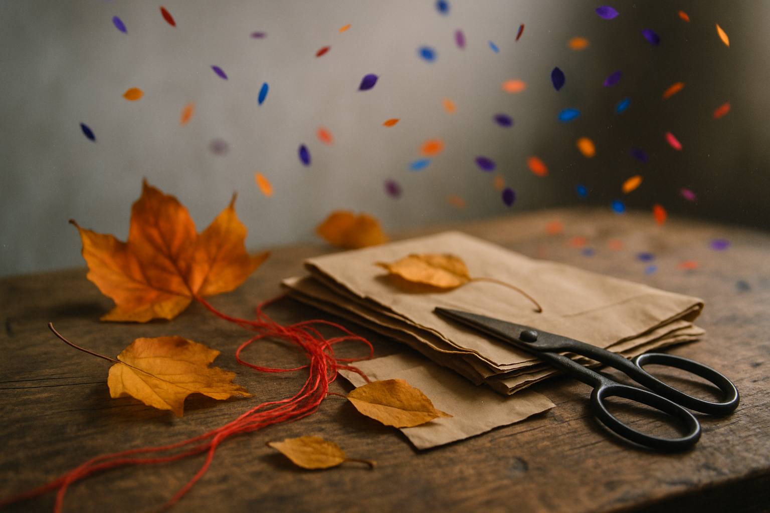 Scattered leaves, red fabric, craft paper, scissors on wooden table with colorful confetti backdrop.