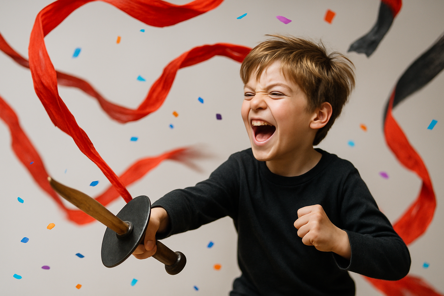 Swirling red fabric, confetti, and shadows in a lively, off-center dance scene with textured surfaces.