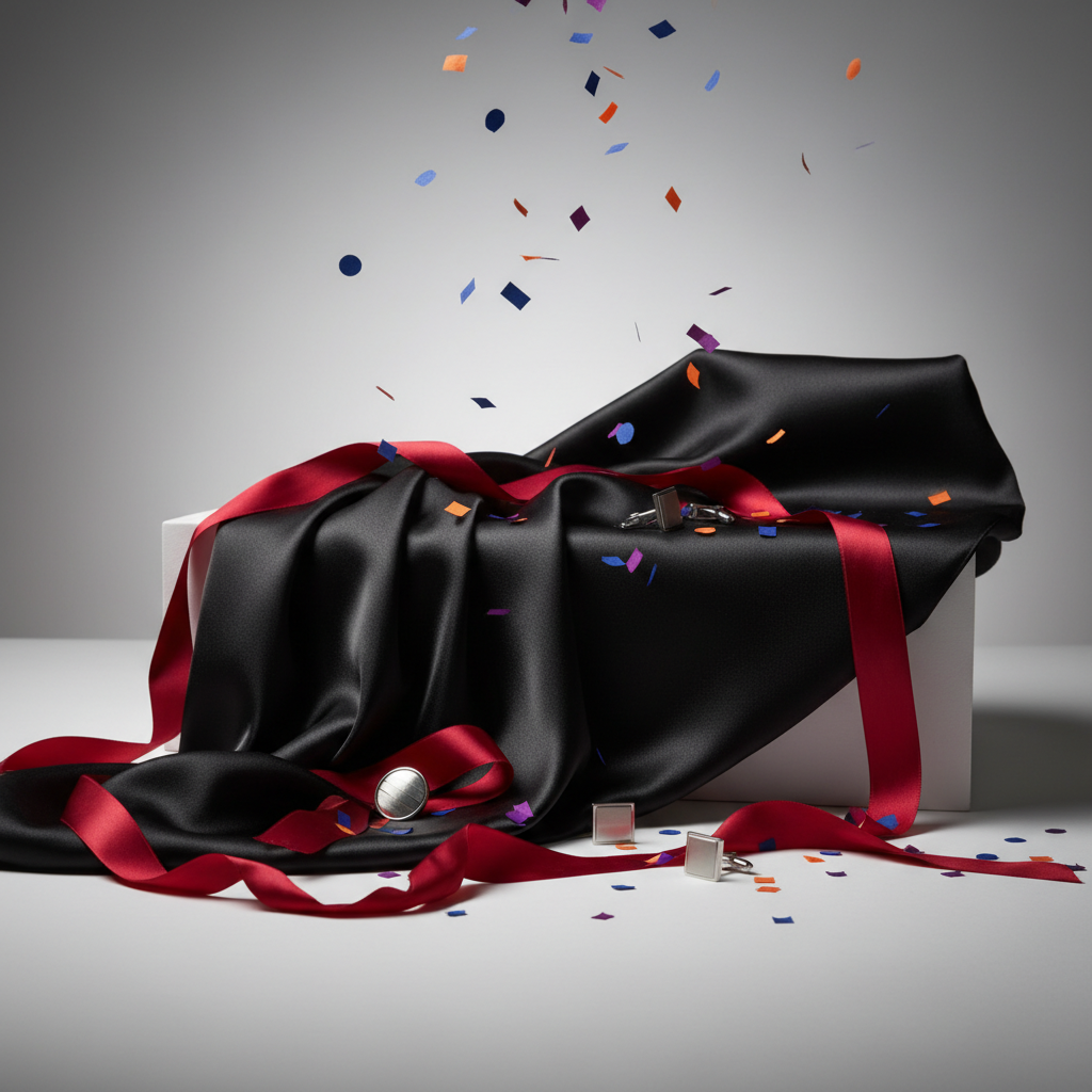 Black satin fabric with crimson ribbons, silver cufflinks, colorful confetti, studio lighting, dynamic composition.