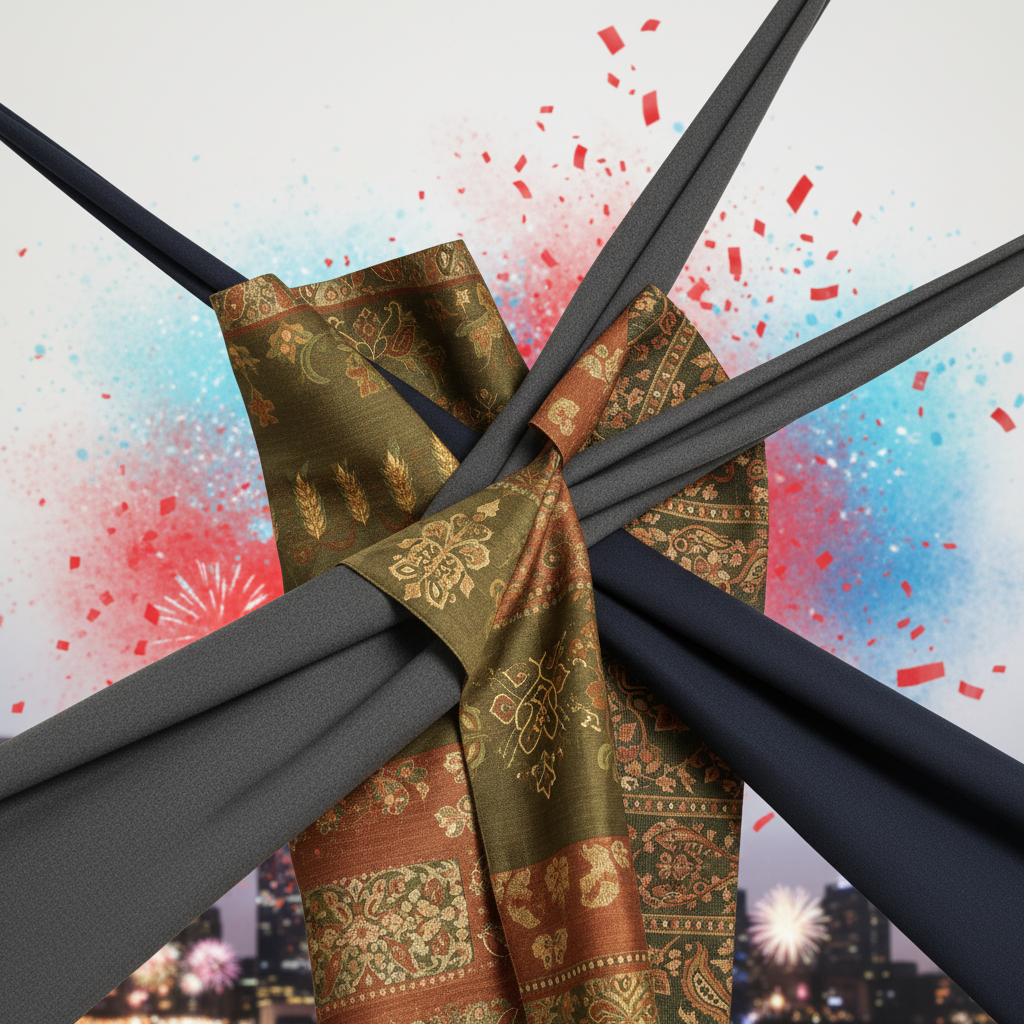 Candid shot of tailored fabrics, textured patterns, and vibrant backdrop at a tilted angle.