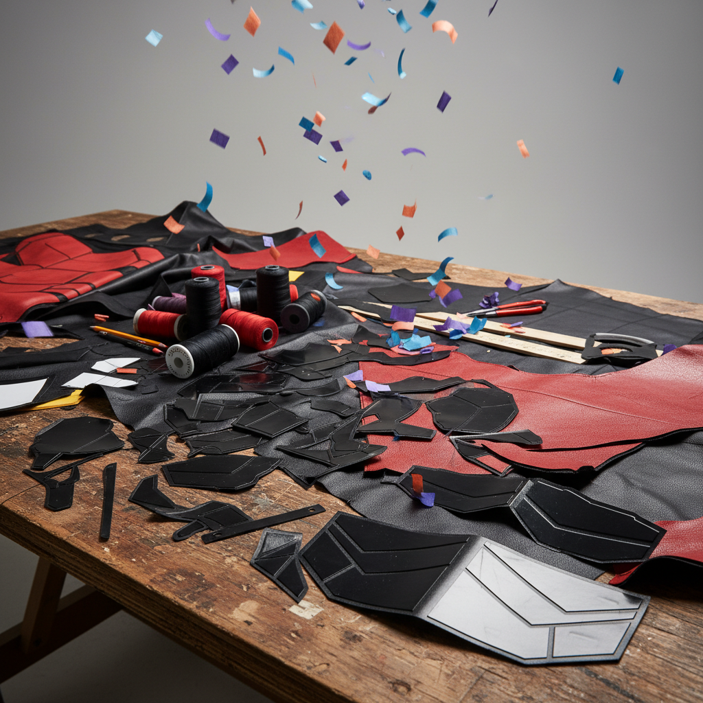 Cluttered workspace with sewing materials, fabric patterns, confetti, and tilted angle.