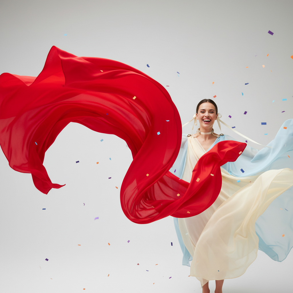 Festive gathering with flowing red fabric, layered translucent textiles, and colorful confetti in motion.