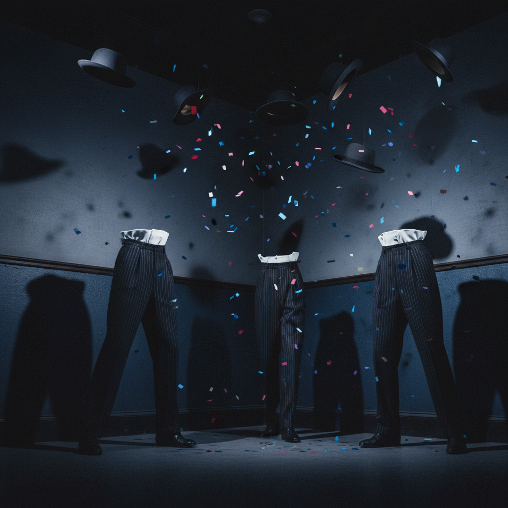 Jazz club corner with shadows, vintage fedora silhouettes, colorful confetti, and dynamic angles.