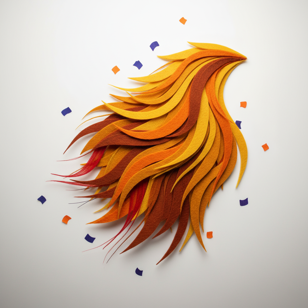 Layered golden felt strips with fabric strokes and colorful confetti on blurred gradient background.