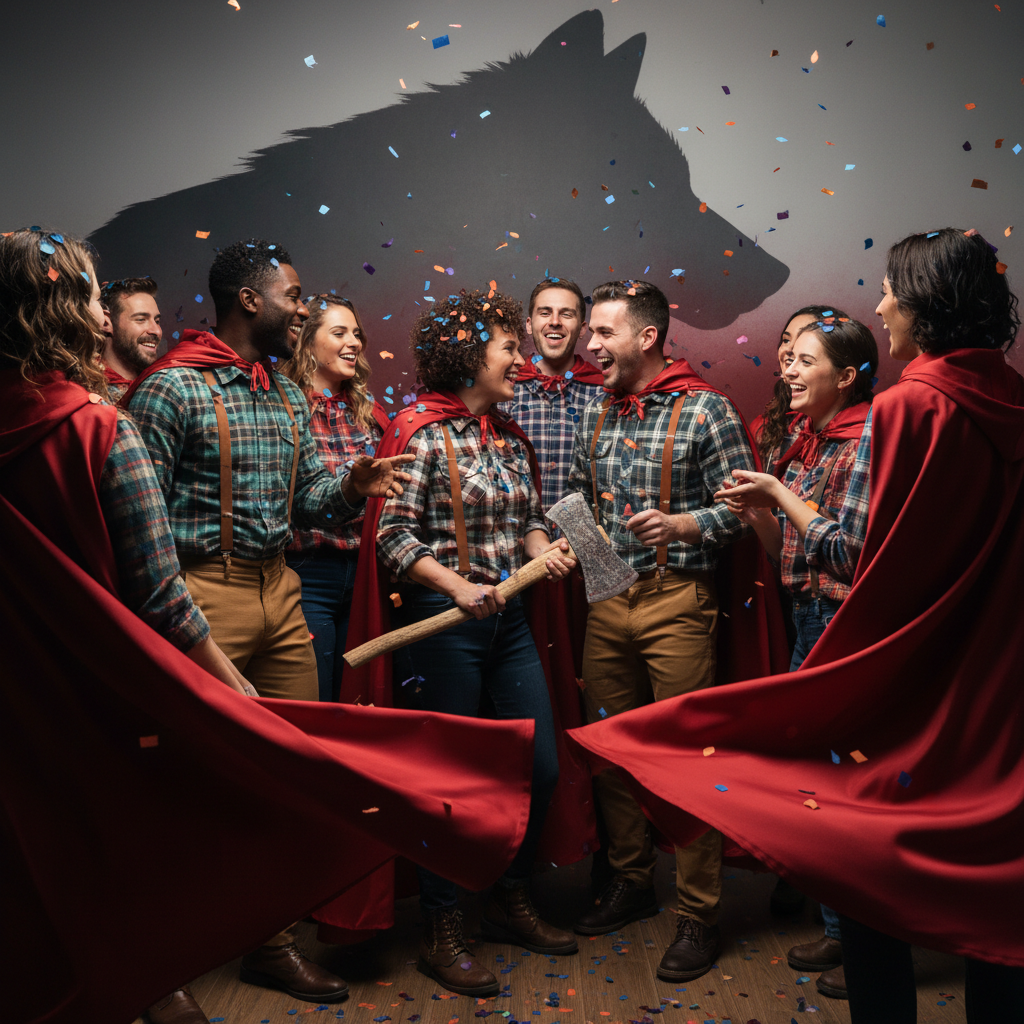 Lively gathering with red capes, fur silhouette, flannel, suspenders, prop axe, colorful confetti.