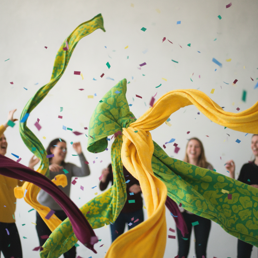 Lively gathering with swirling green and yellow fabrics, confetti, and joyful movement.