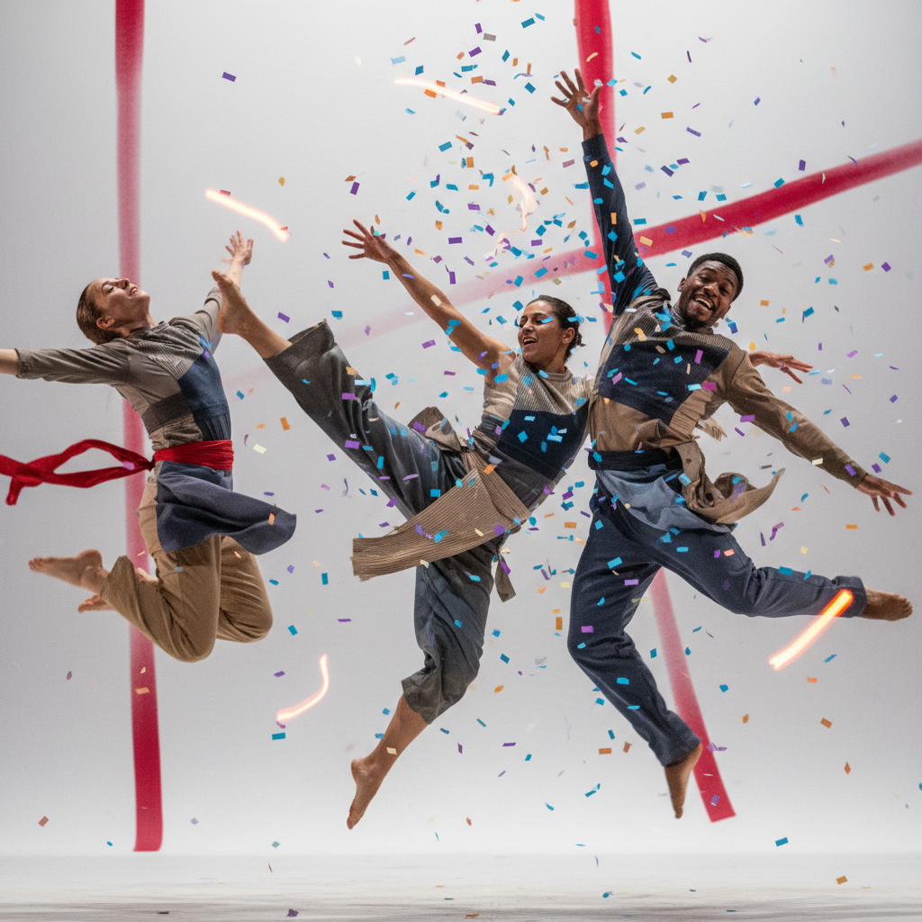 Performers mid-motion in layered, textured costumes with vibrant accents and celebratory atmosphere.