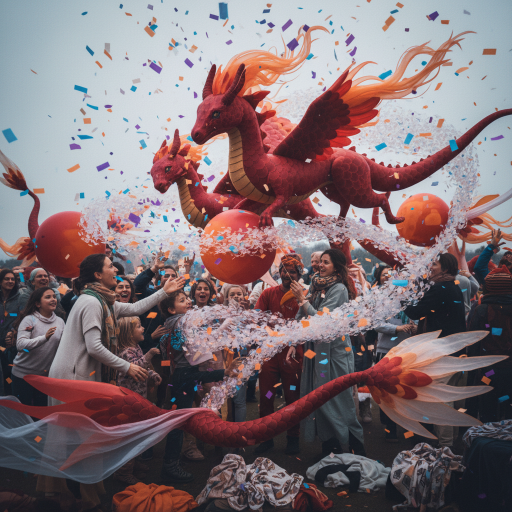 Playful gathering with swirling scales, inflatables, confetti, and wing-like fabric in vibrant colors.