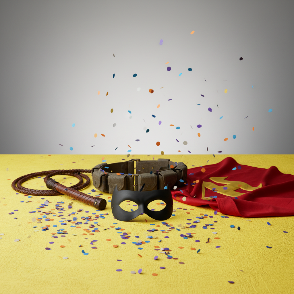 Superhero accessories scattered on vibrant surface with confetti, celebrating transformation in bright studio lighting.