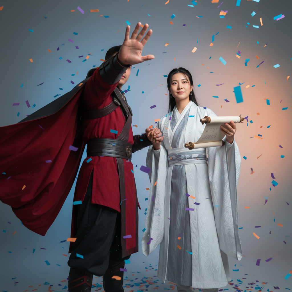 Two contrasting figures sharing a confident, celebratory moment with colorful confetti backdrop.