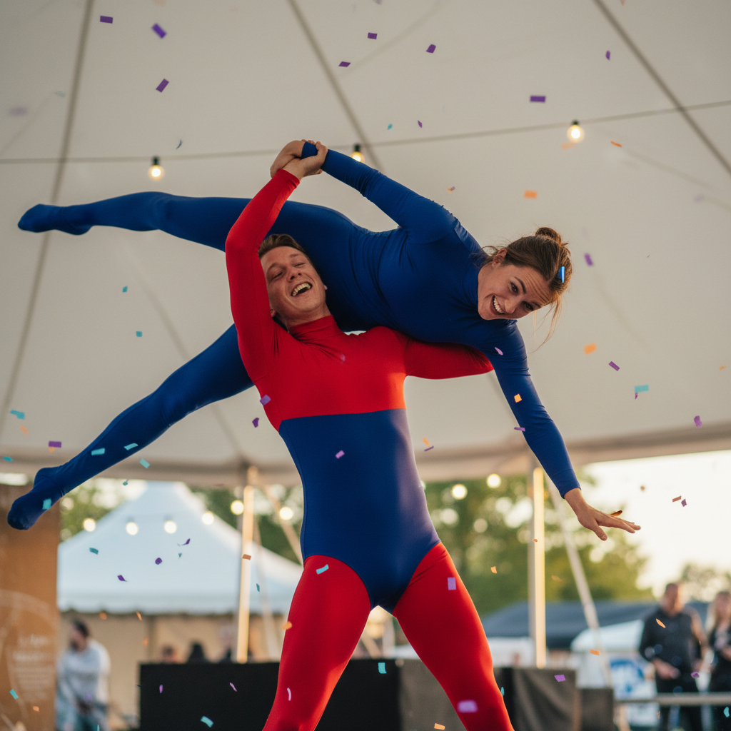 Two figures in vibrant red and blue outfits dance amid colorful confetti at a summer festival.