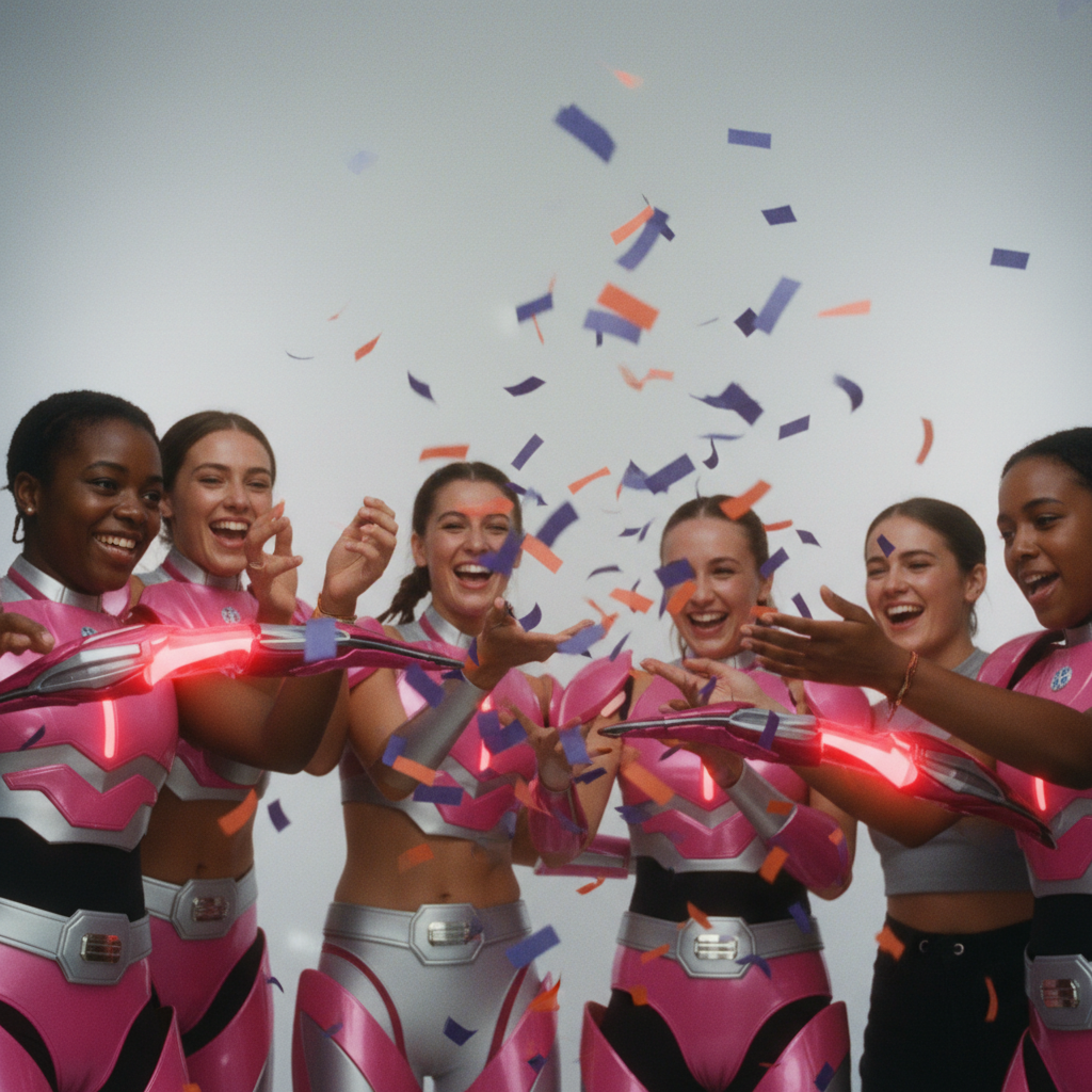 Vibrant festival scene with confetti, armored accessories, glowing accents, and energetic group.