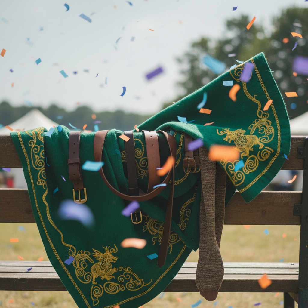 Vibrant festival scene with embroidered fabrics, leather belts, confetti, and soft lighting.