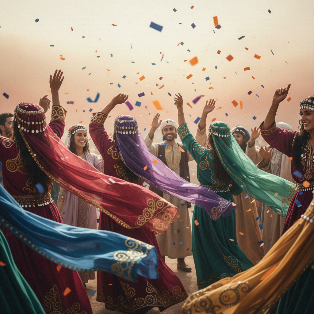 Vibrant festival scene with flowing fabrics, gold embroidery, veils, headpieces, confetti, and diverse joyful crowd.