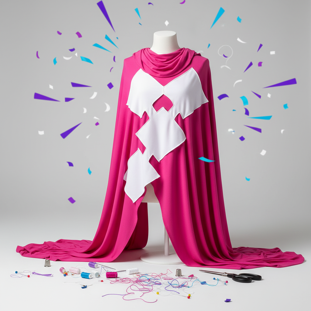 Vibrant pink fabric, white textile swatches, sewing tools, and colorful confetti in playful studio scene.