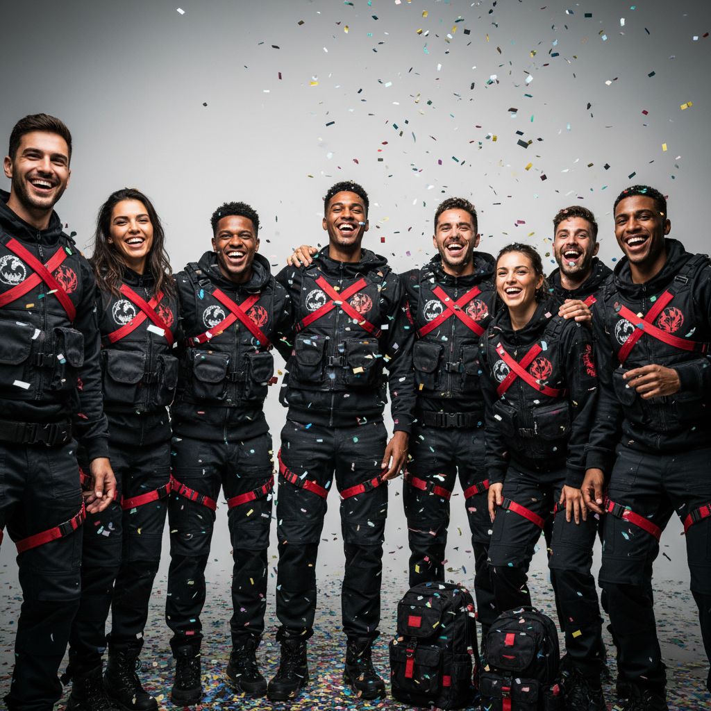 Group of friends in tactical gear celebrating with confetti at summer festival.