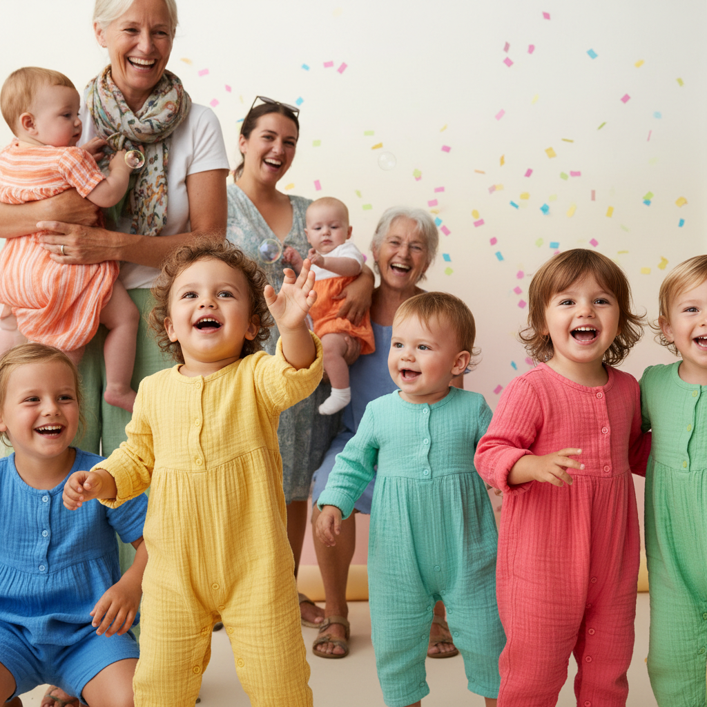 Joyful multigenerational family gathering at summer festival with colorful, breathable fabrics on children.