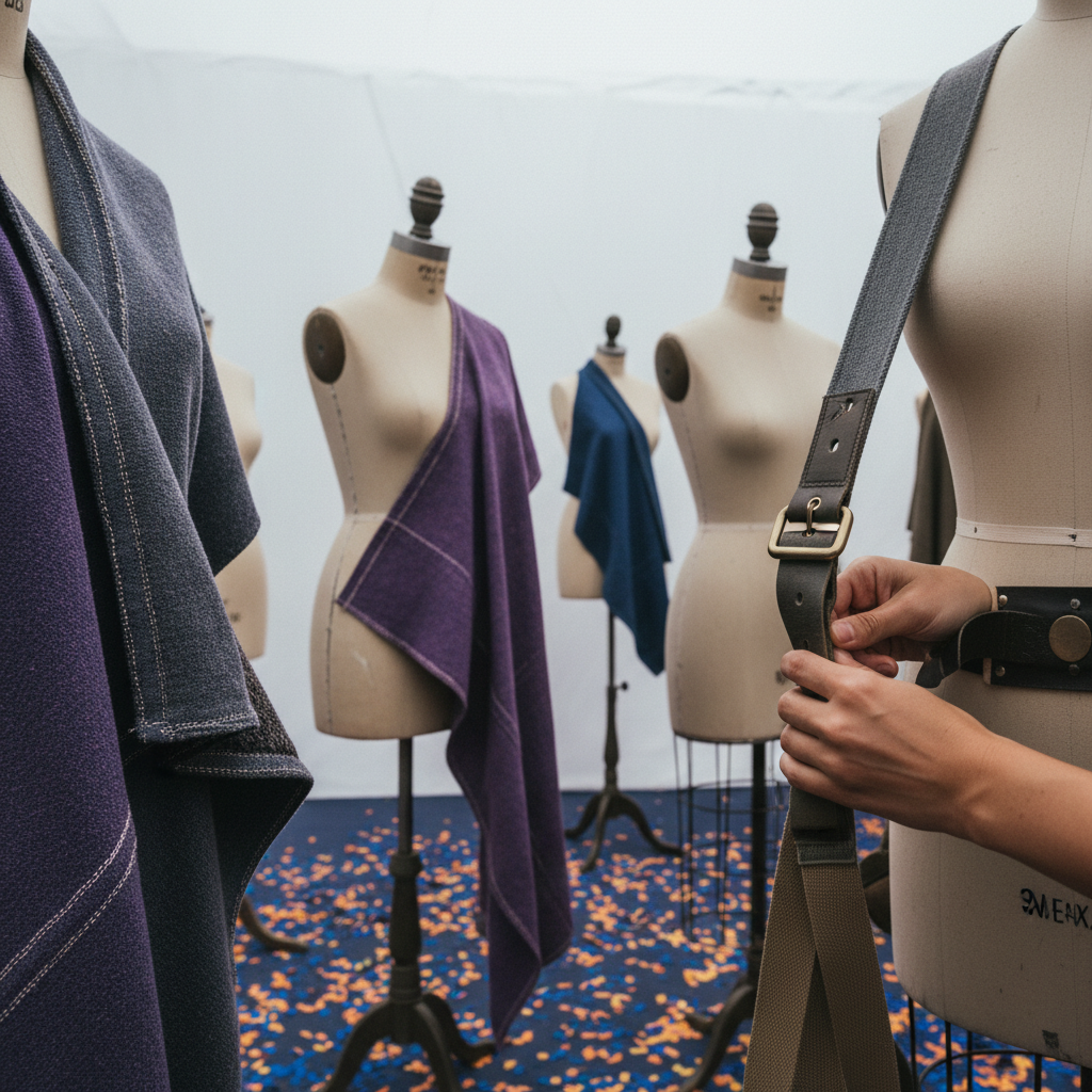 Lively festival scene with mannequins in textured fabrics, confetti, and hands adjusting straps.