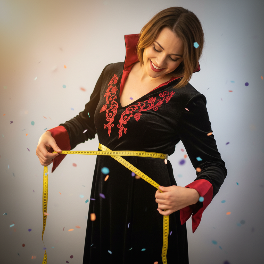 Person measuring bust, waist, and hips for costume fit