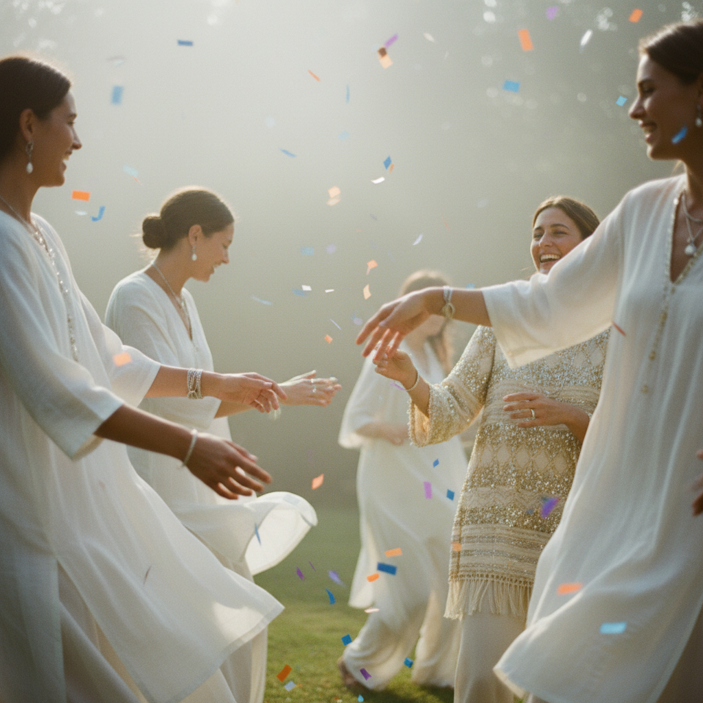 Candid garden party scene with flowing white fabrics, silver jewelry, colorful confetti, and warm lighting.