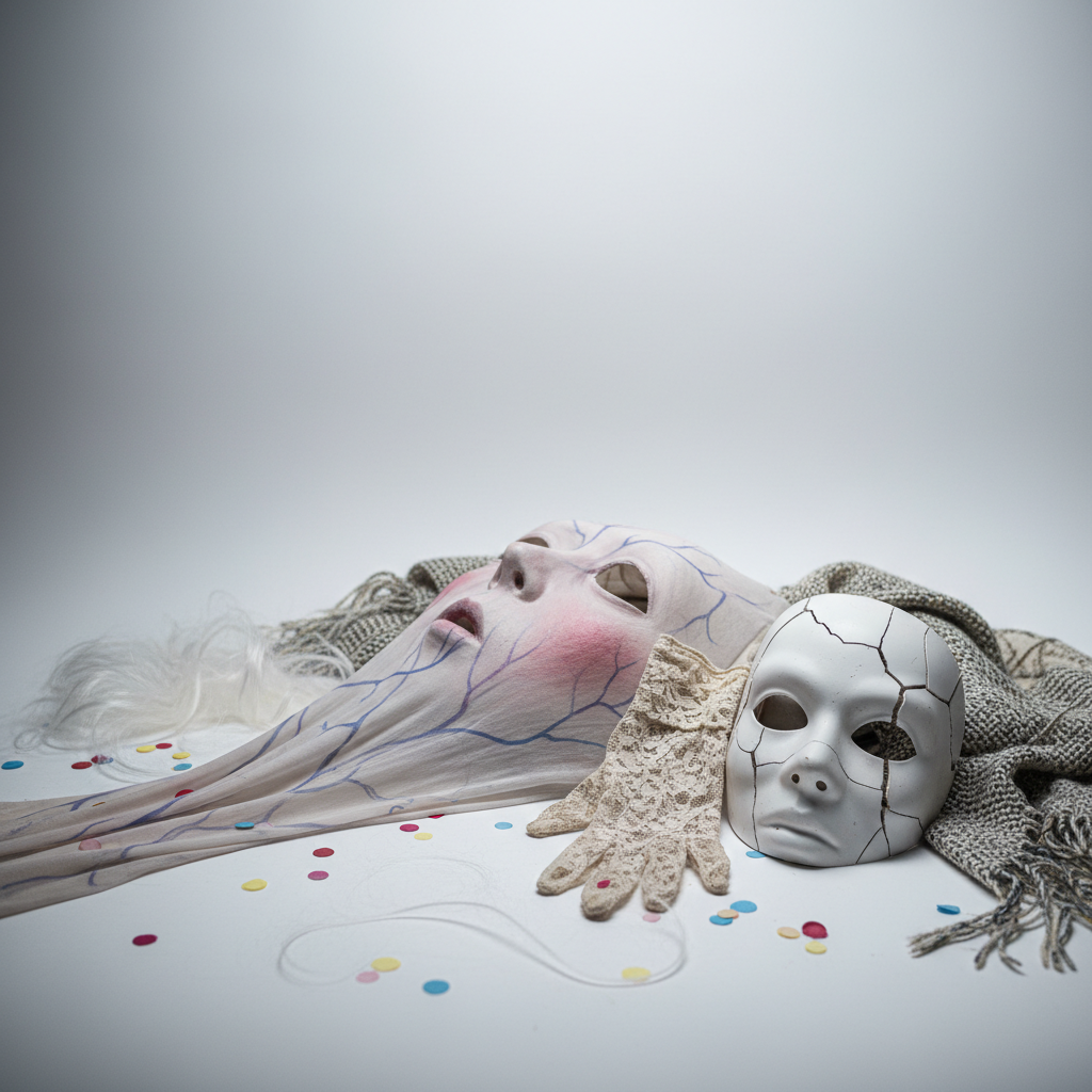 Candid ghostly costume with translucent skin, lace gloves, porcelain mask, and confetti accents.