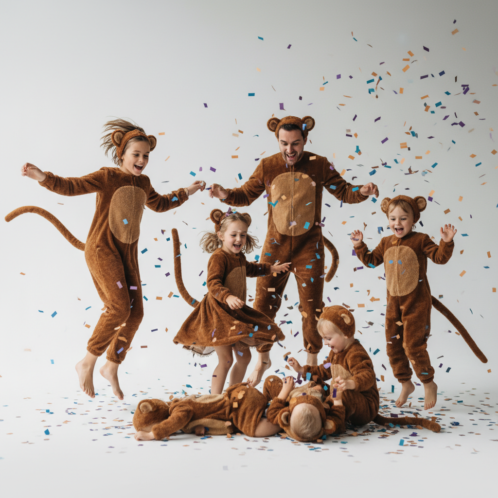 Children and adults in fur-like costumes with monkey tails and ears celebrating at a festival.