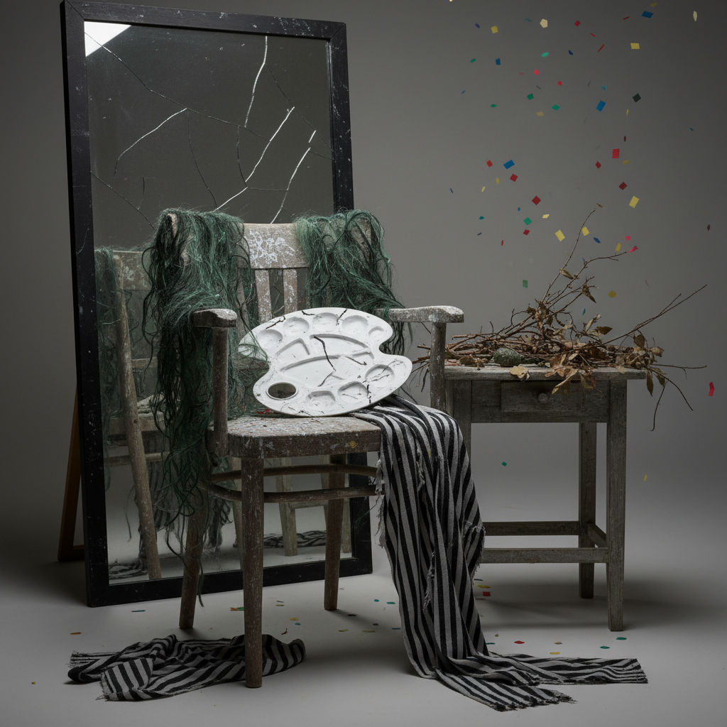 Dimly lit dressing room corner with cracked mirror, greenish hair, paint palette, fabric, twigs, and leaves