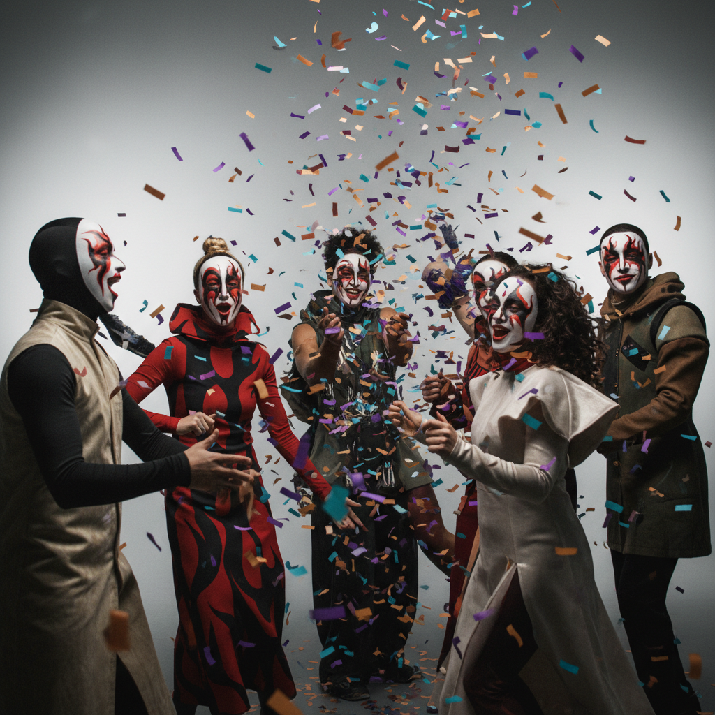 Diverse people in avant-garde masks celebrate with costumes