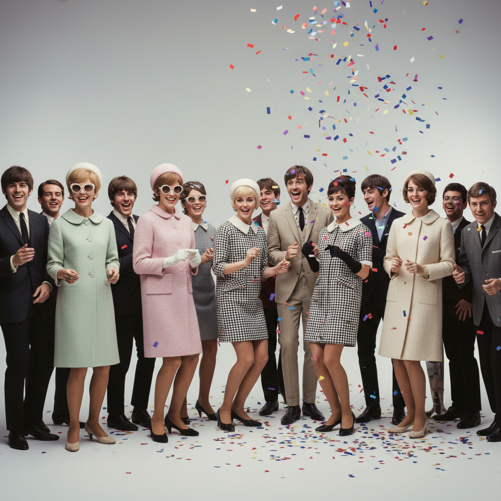 Lively 1960s gathering with fashion, confetti, and festive atmosphere against pale backdrop.