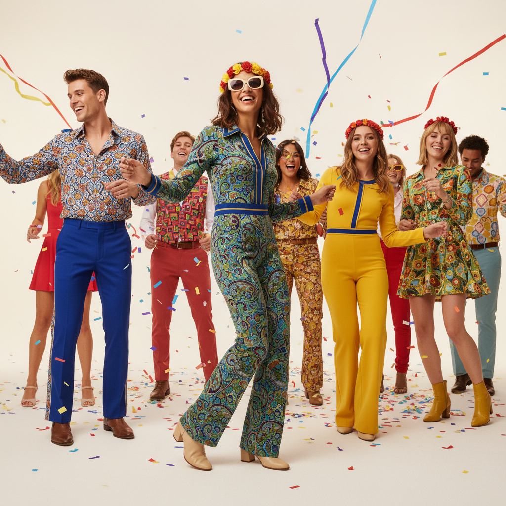 Lively diverse festival crowd in vibrant 1960s costumes with textured fabrics and playful angles.