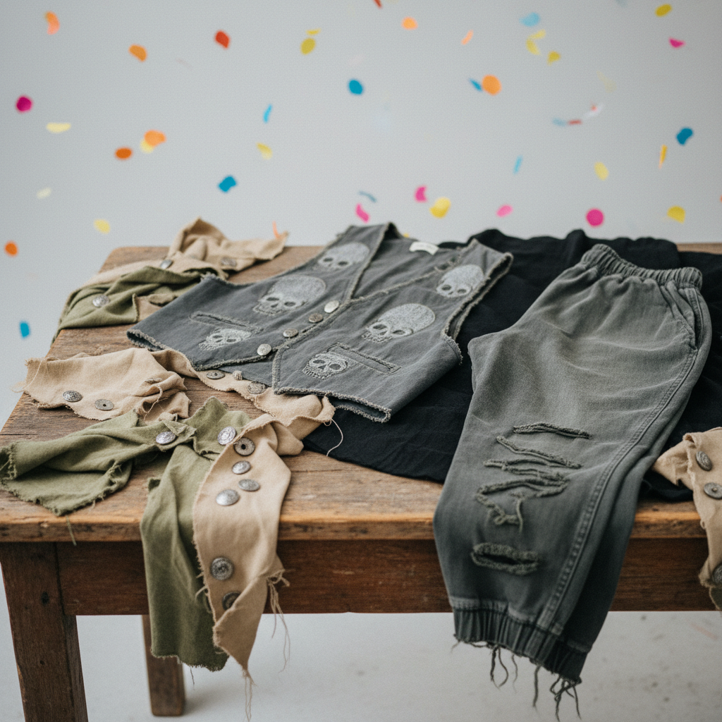 Rustic wooden table with fabric scraps, a embroidered vest, tattered pants, under studio lighting.