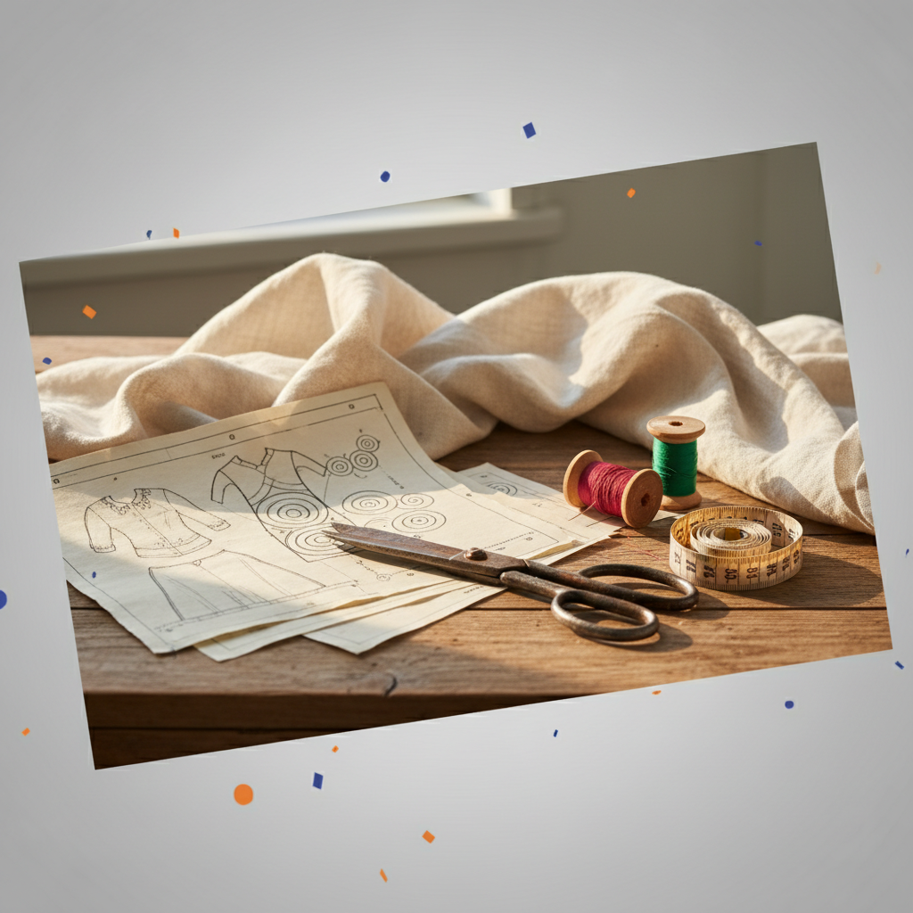 Sunlit wooden table with sewing patterns, scissors, threads, measuring tape, and colorful confetti.