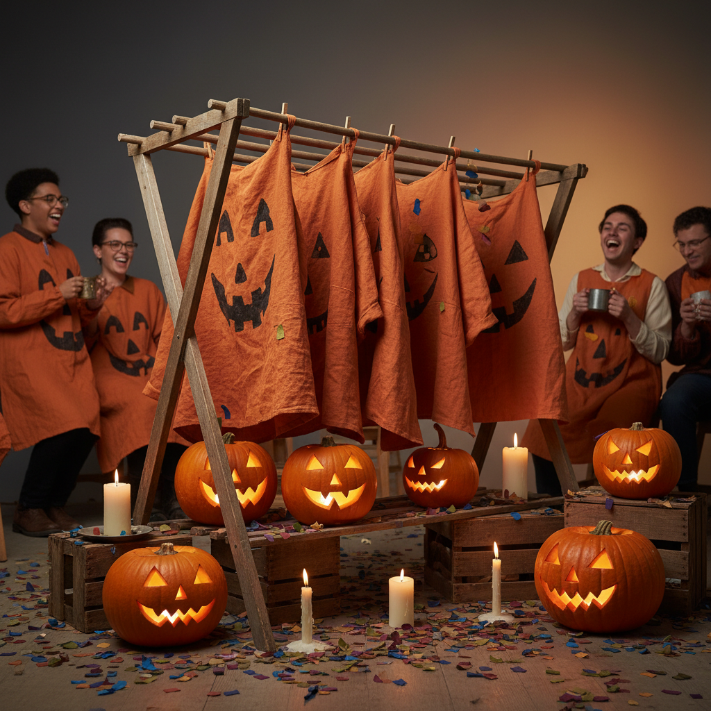 Vintage orange smocks with painted jack-o'-lanterns hanging beside carved pumpkins and candles.