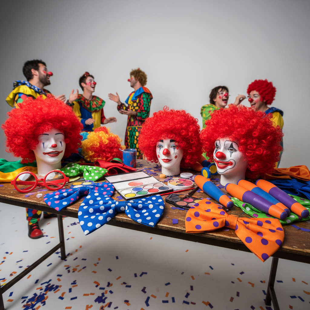 Backstage clown accessories, face paint, props, confetti on wooden table in playful scene.