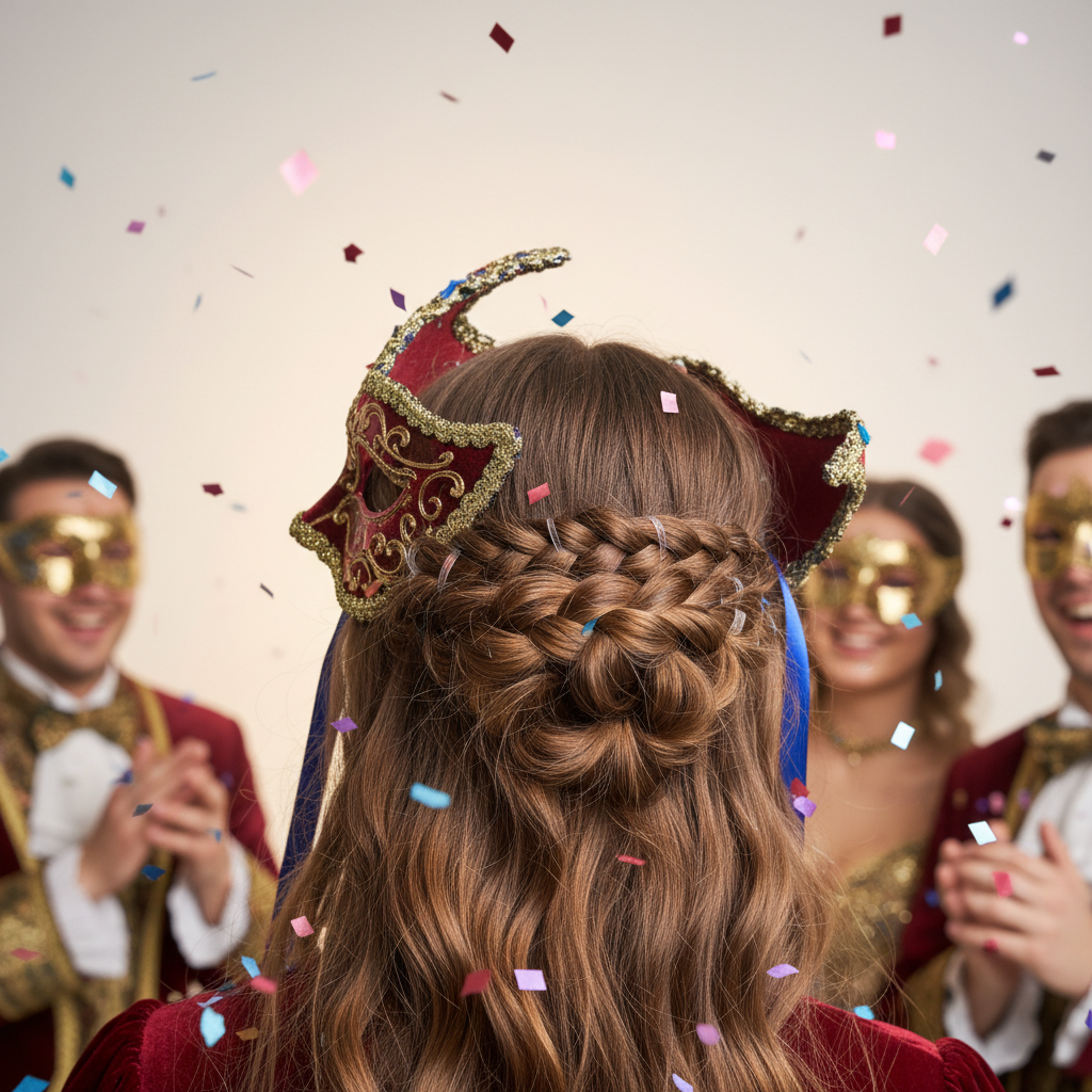 Close-up of braided hair with elastic bands, vibrant costume, and confetti at masquerade celebration.