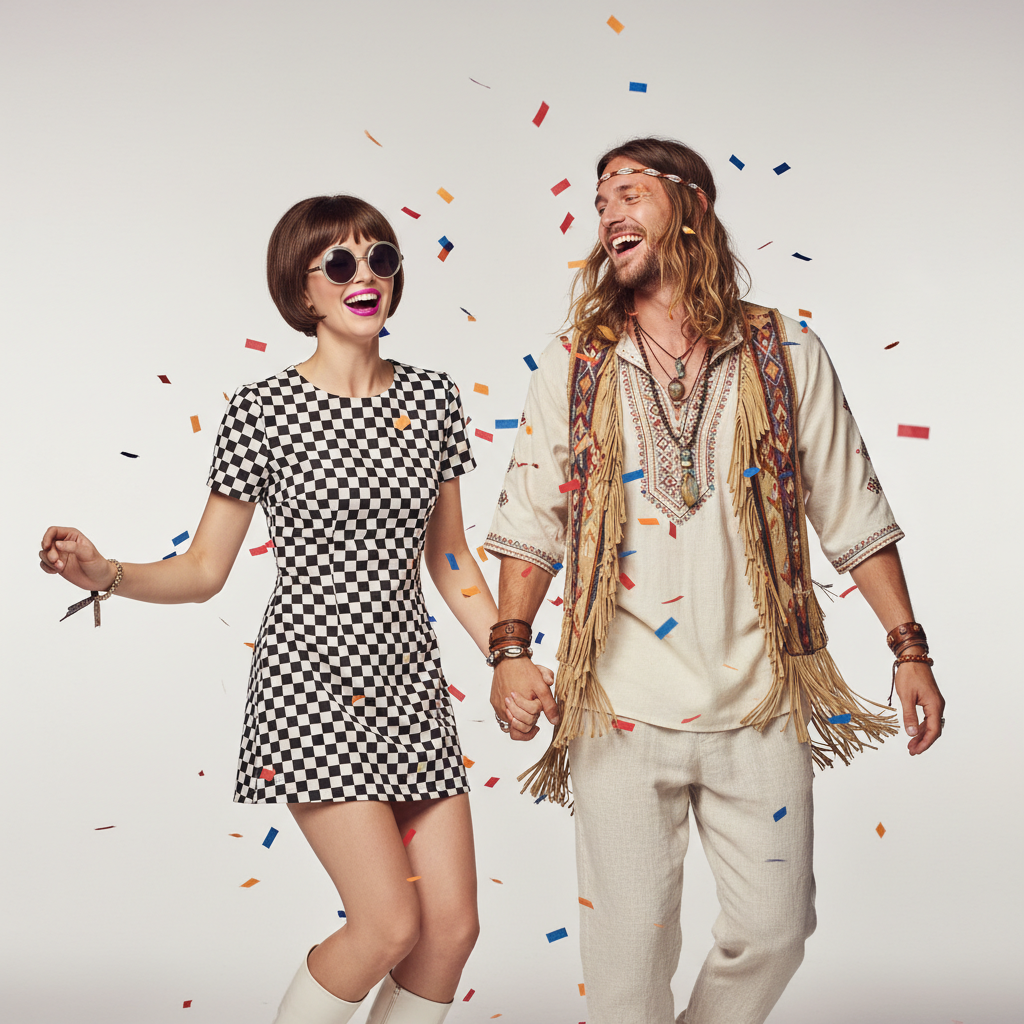 Couple at summer festival in vintage mod and bohemian styles with colorful confetti.