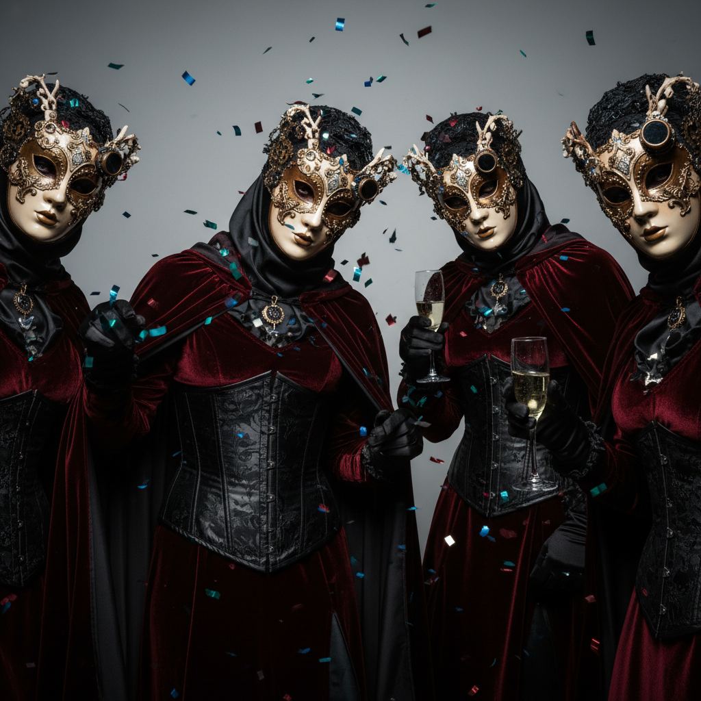 Gothic party with masked figures, dark fabrics, confetti, and moody lighting.