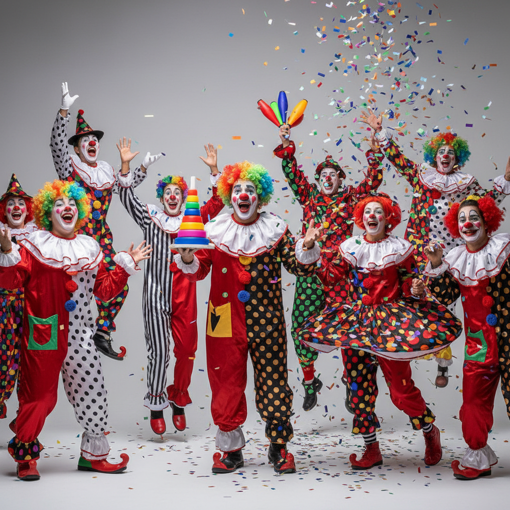 Lively diverse group celebrating Halloween in clown costumes with colorful confetti and soft gray background.
