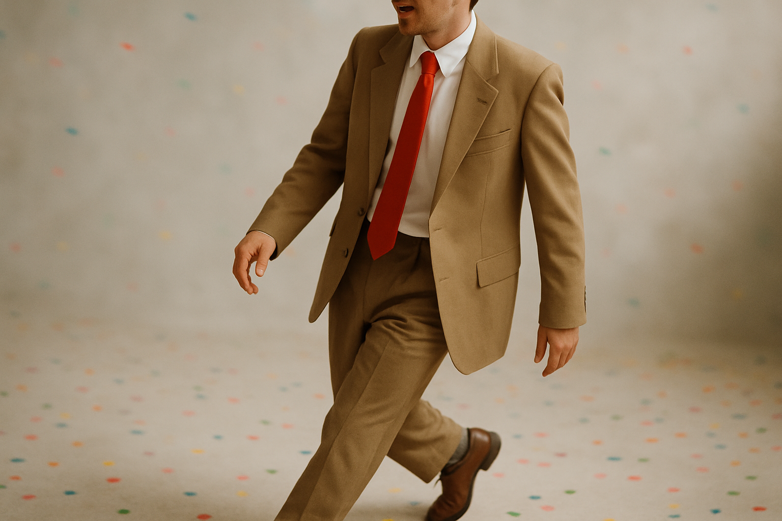 Man in 1990s tan suit with white shirt and red tie, celebrating with confetti backdrop.