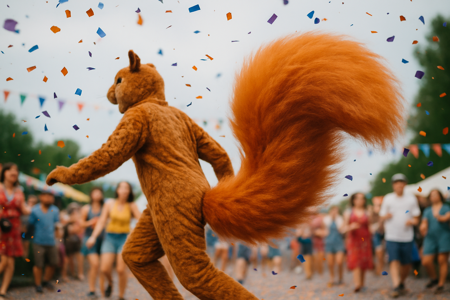 Person in squirrel costume with large, inflated tail at summer festival surrounded by colorful confetti.