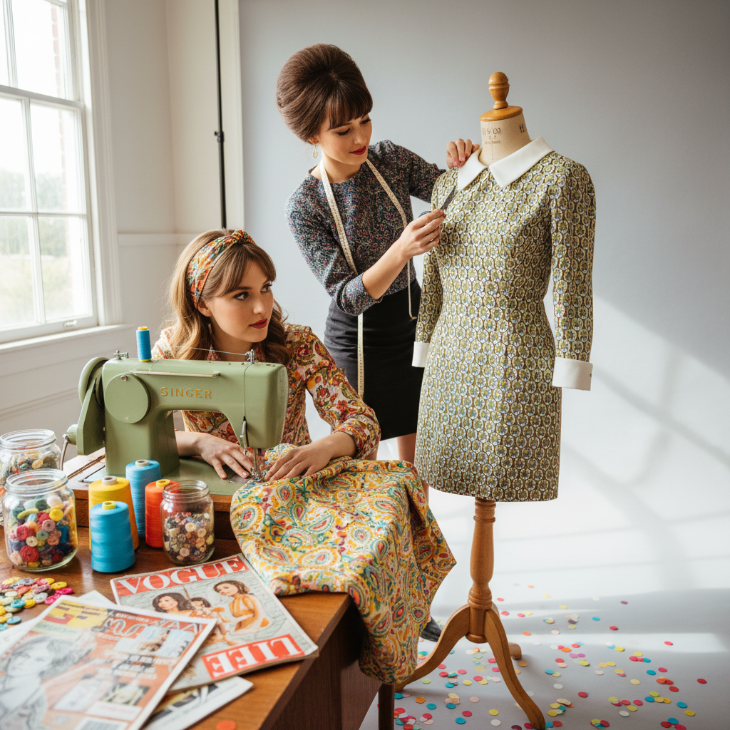 Two friends prepare for a 60s-themed party with sewing, dress fitting, and playful decor.