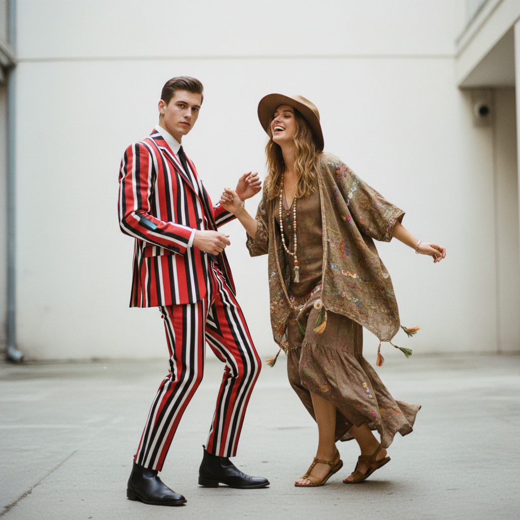 Two young adults in 60s-inspired outfits posing playfully in a minimalist urban courtyard.